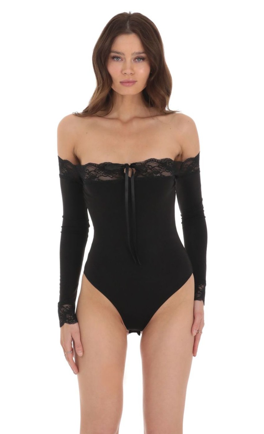 Clothing LUCY IN THE SKY | Off Shoulder Lace Bodysuit In Black | Lucy In The Sky