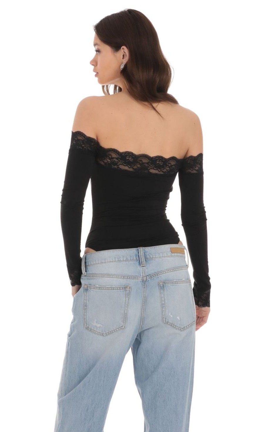 Clothing LUCY IN THE SKY | Off Shoulder Lace Bodysuit In Black | Lucy In The Sky