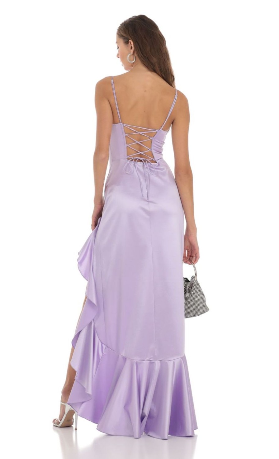 Clothing LUCY IN THE SKY | Venus Satin Ruffle Dress In Lavender | Lucy In The Sky