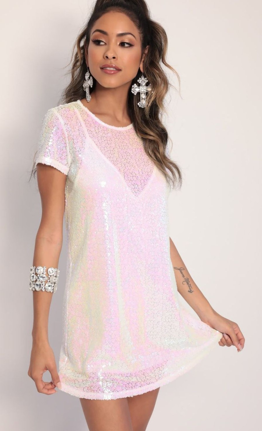 Clothing LUCY IN THE SKY | Party Sequin Shift Dress In White Iridescence | Lucy In The Sky