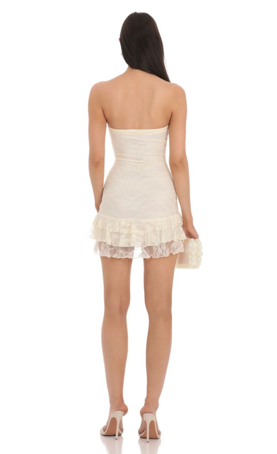 Clothing LUCY IN THE SKY | Lace Strapless Bodycon Dress In Cream | Lucy In The Sky