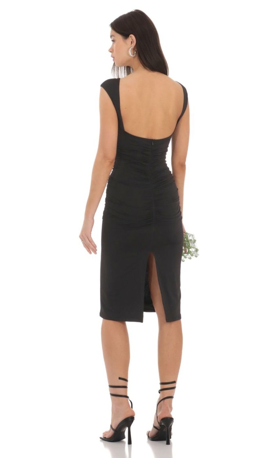 Clothing LUCY IN THE SKY | Open Back Ruched Midi Dress In Black | Lucy In The Sky