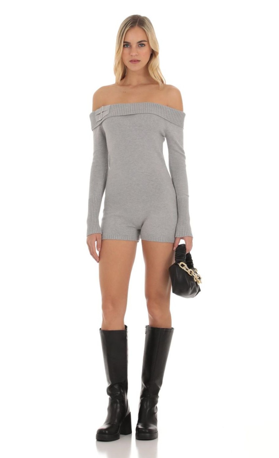 Clothing LUCY IN THE SKY | Lanna Knit Off Shoulder Romper In Grey | Lucy In The Sky