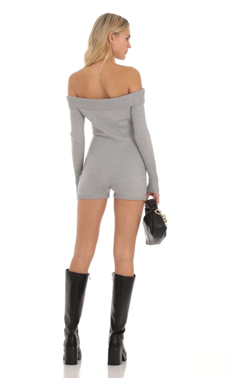 Clothing LUCY IN THE SKY | Lanna Knit Off Shoulder Romper In Grey | Lucy In The Sky