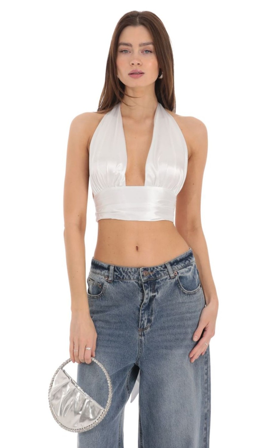 Clothing LUCY IN THE SKY | Halter Satin Top In White | Lucy In The Sky