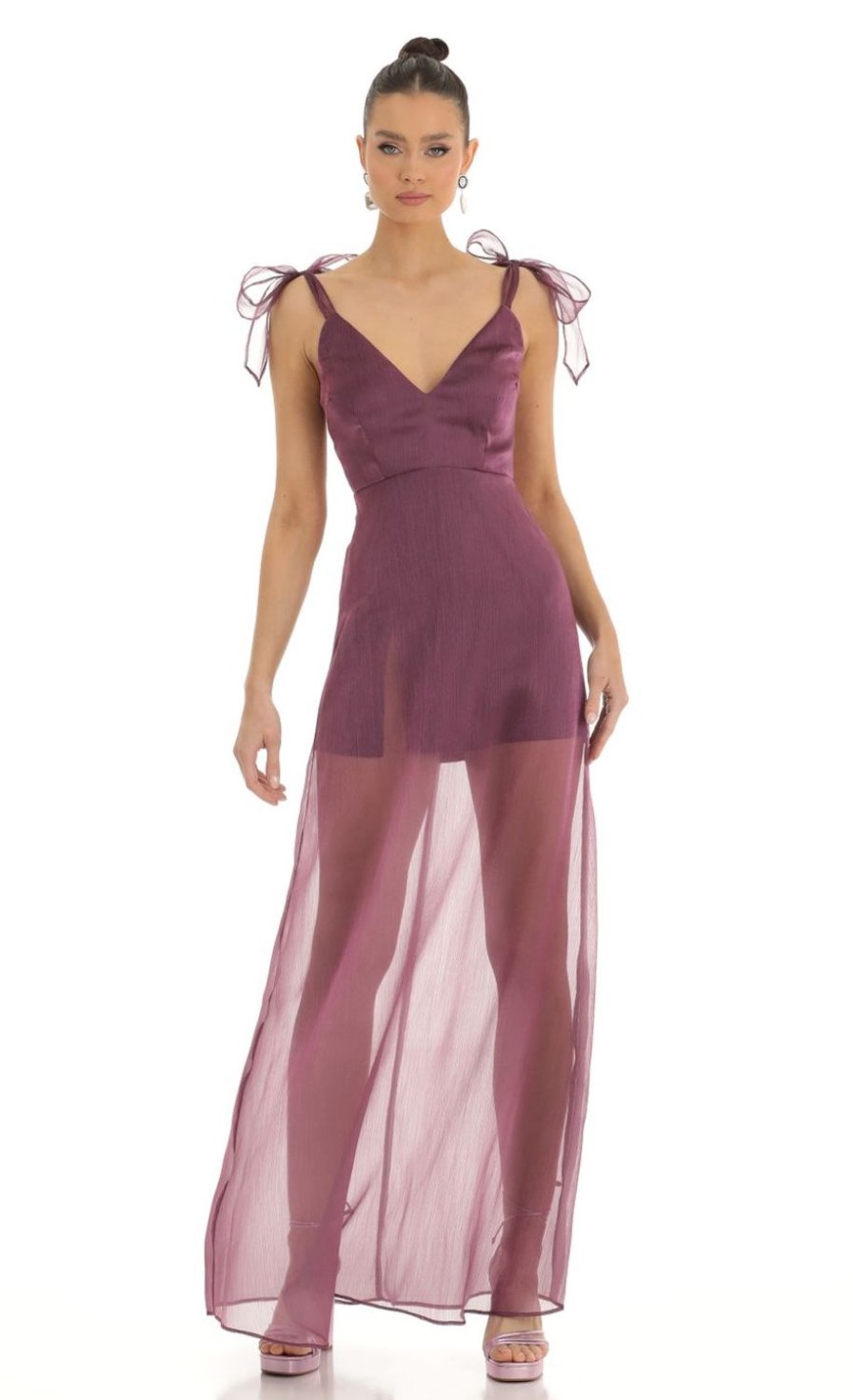 Clothing LUCY IN THE SKY | Tia Shoulder Bow A-Line Illusion Maxi Dress In Purple | Lucy In The Sky