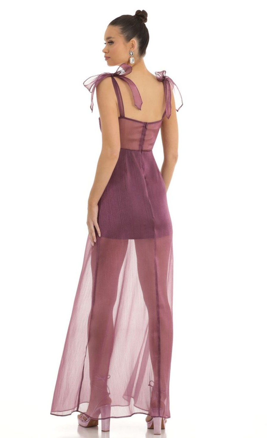 Clothing LUCY IN THE SKY | Tia Shoulder Bow A-Line Illusion Maxi Dress In Purple | Lucy In The Sky