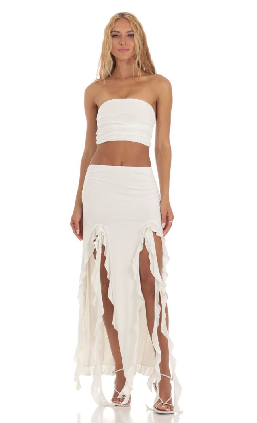 Clothing LUCY IN THE SKY | Zola Ruffle Slit Two Piece Set In White | Lucy In The Sky