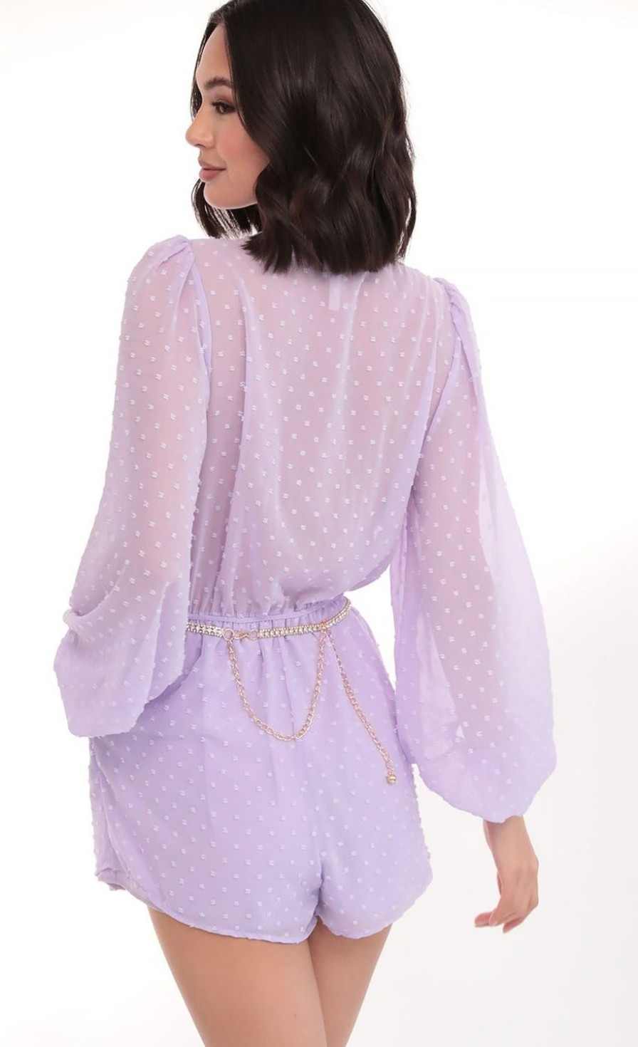 Clothing LUCY IN THE SKY | Gia Balloon Sleeve Romper In Lilac Dots | Lucy In The Sky