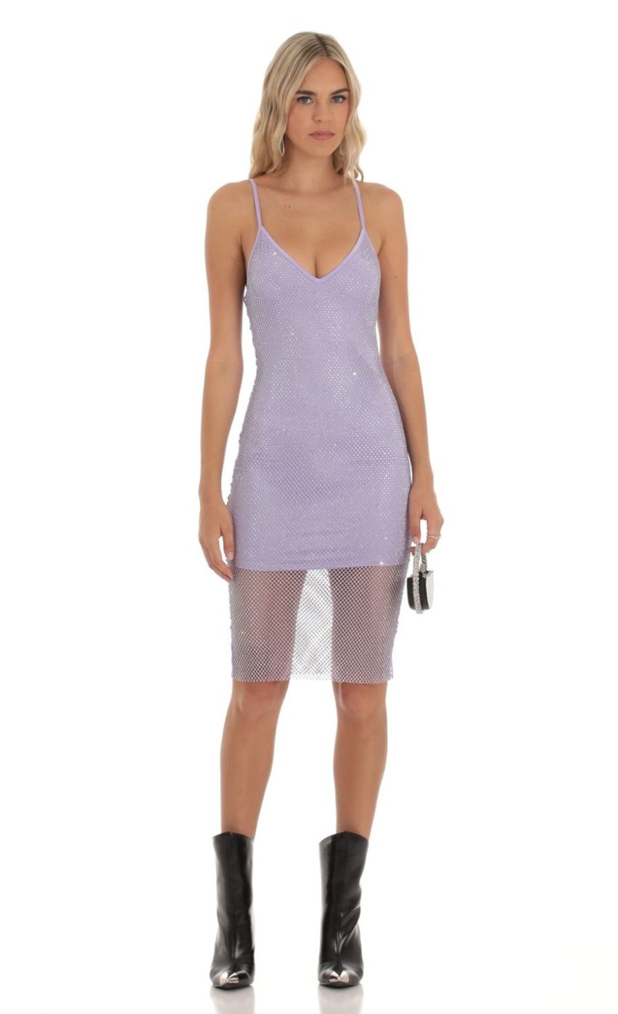 Clothing LUCY IN THE SKY | Kalilah Rhinestone Fishnet Dress In Lavender | Lucy In The Sky