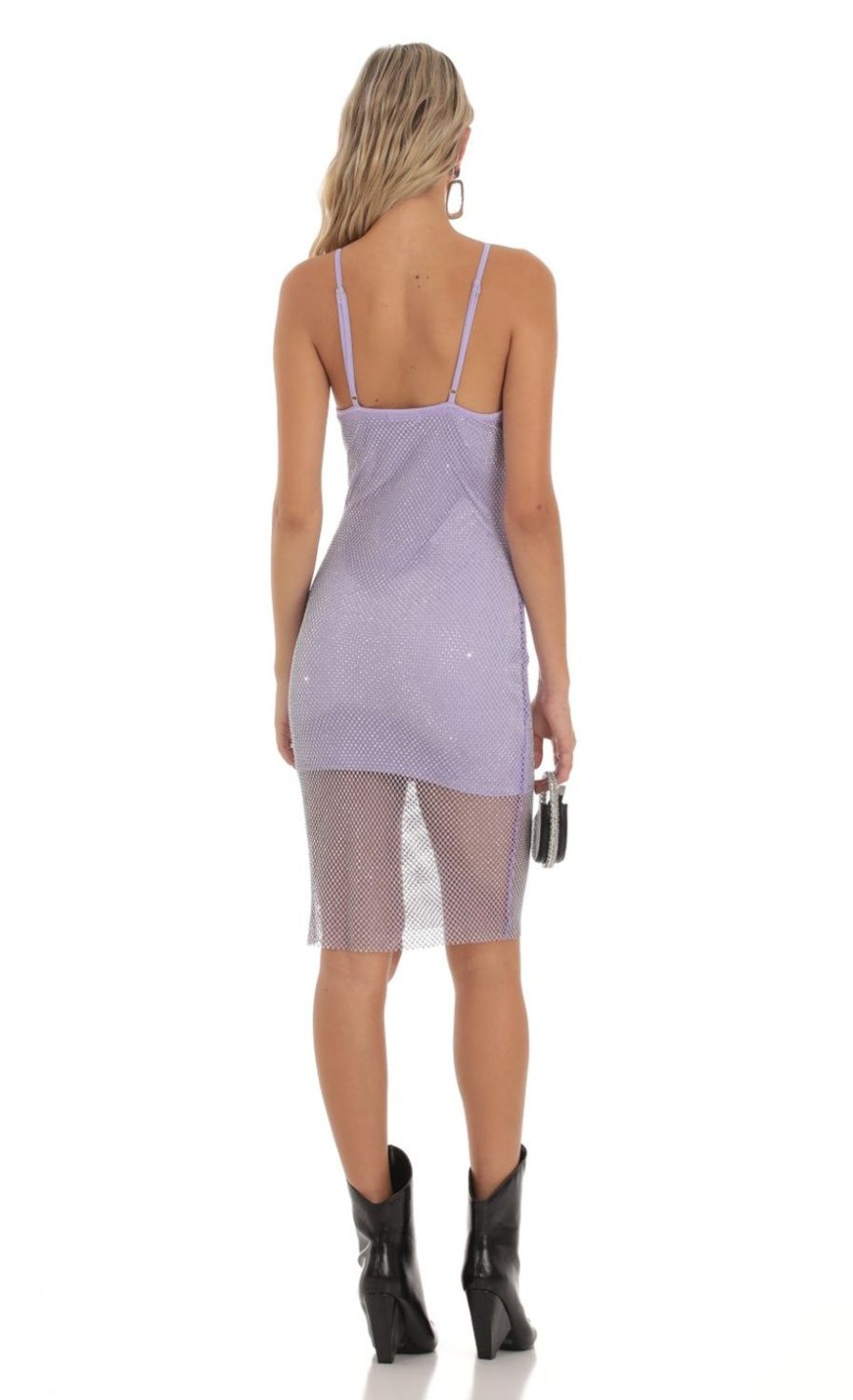 Clothing LUCY IN THE SKY | Kalilah Rhinestone Fishnet Dress In Lavender | Lucy In The Sky