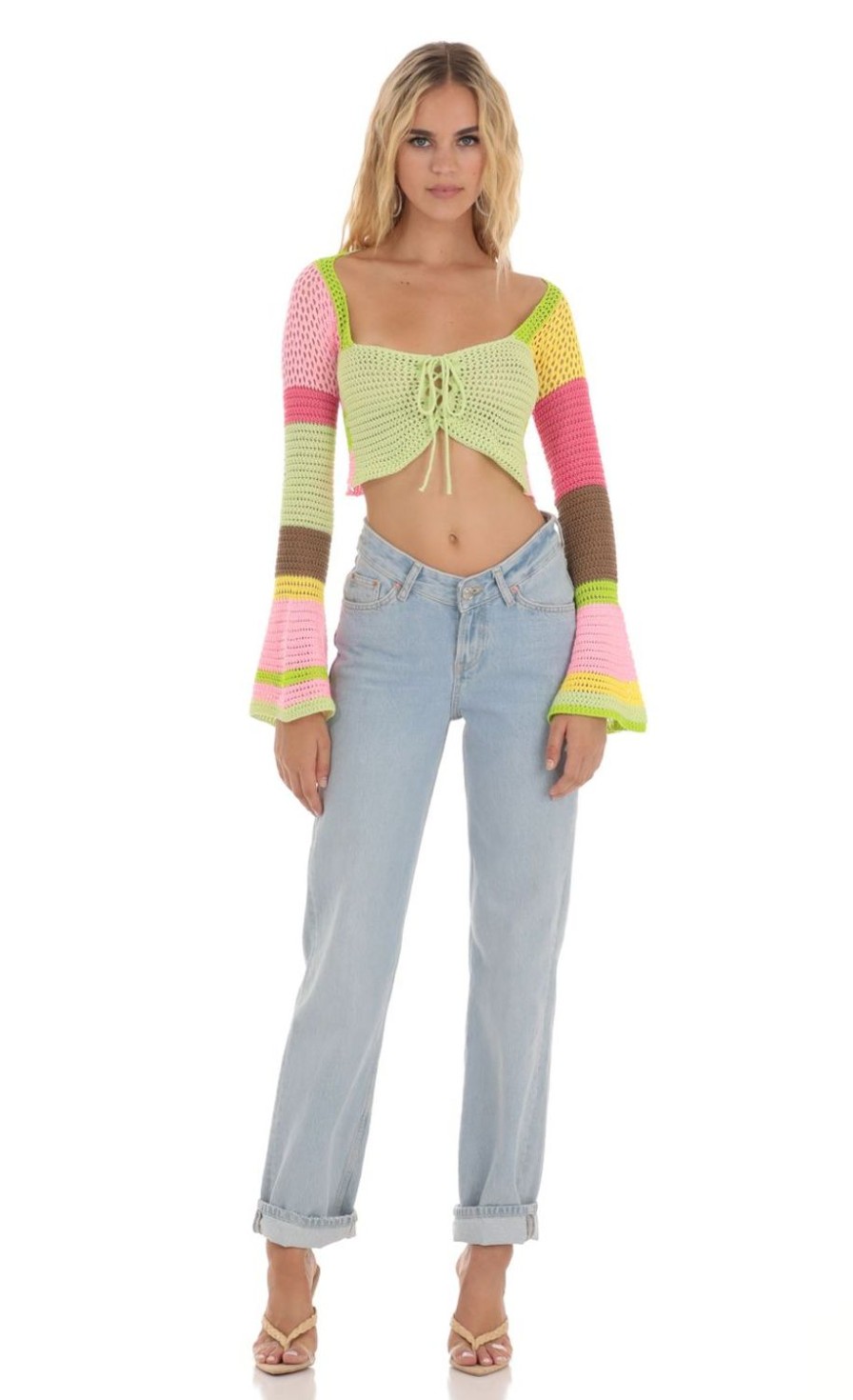 Clothing LUCY IN THE SKY | Austin Crochet Bell Sleeve Top In Multi Color | Lucy In The Sky