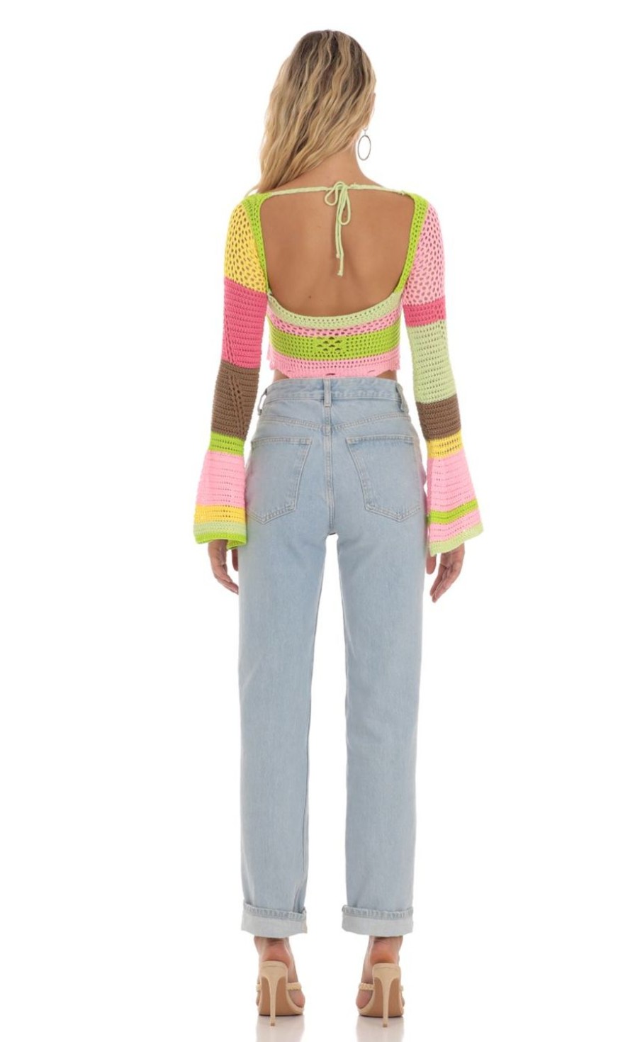 Clothing LUCY IN THE SKY | Austin Crochet Bell Sleeve Top In Multi Color | Lucy In The Sky