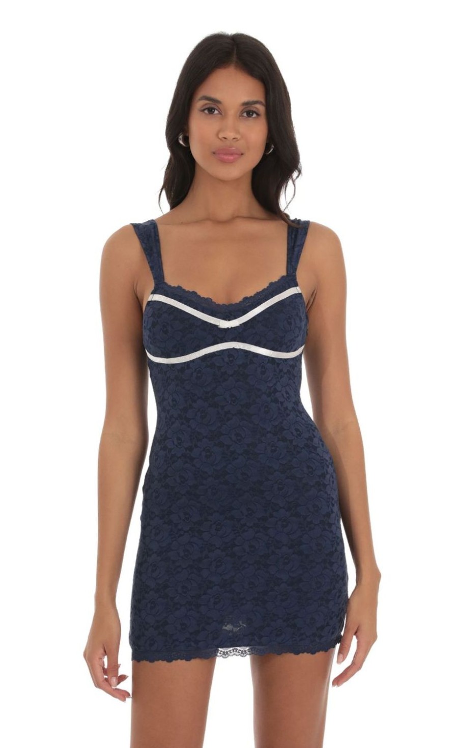 Clothing LUCY IN THE SKY | Cho Lace White Stripe Dress In Navy | Lucy In The Sky