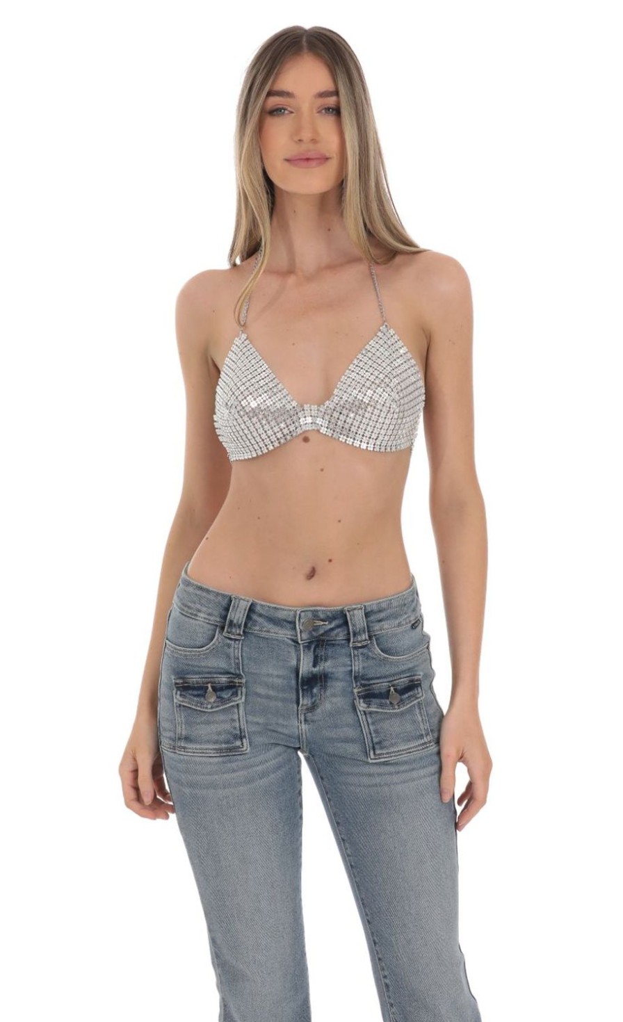 Clothing LUCY IN THE SKY | Floral Chainmail Bralette Top In Silver | Lucy In The Sky