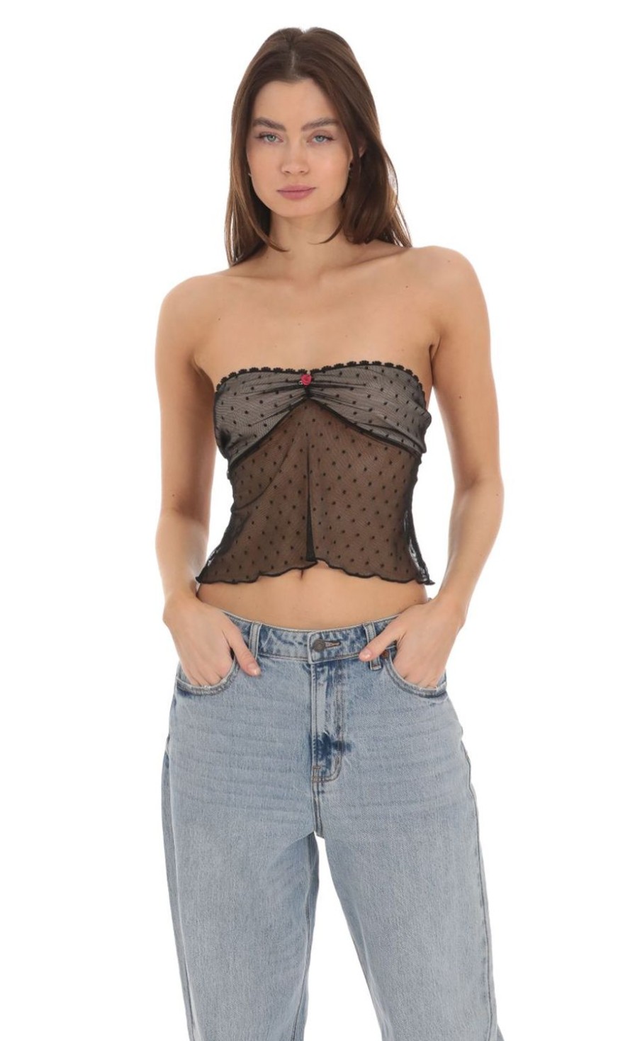 Clothing LUCY IN THE SKY | Dotted Strapless Babydoll Top In Black | Lucy In The Sky