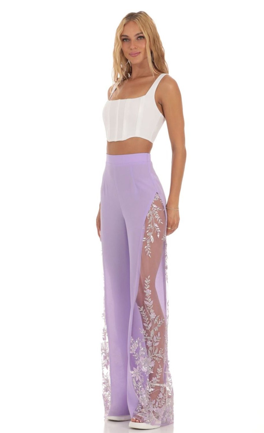 Clothing LUCY IN THE SKY | Kynlee Sequin Floral Pants In Lavender | Lucy In The Sky