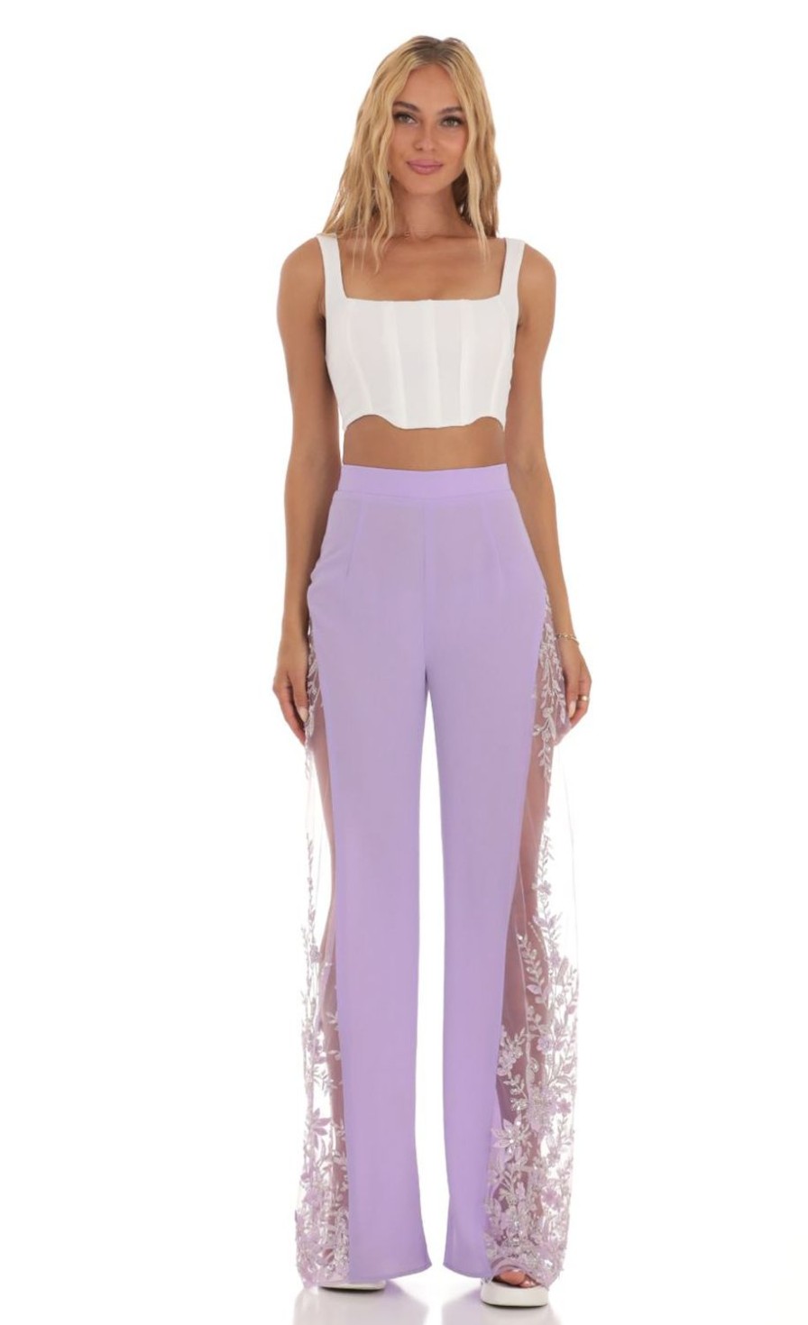 Clothing LUCY IN THE SKY | Kynlee Sequin Floral Pants In Lavender | Lucy In The Sky