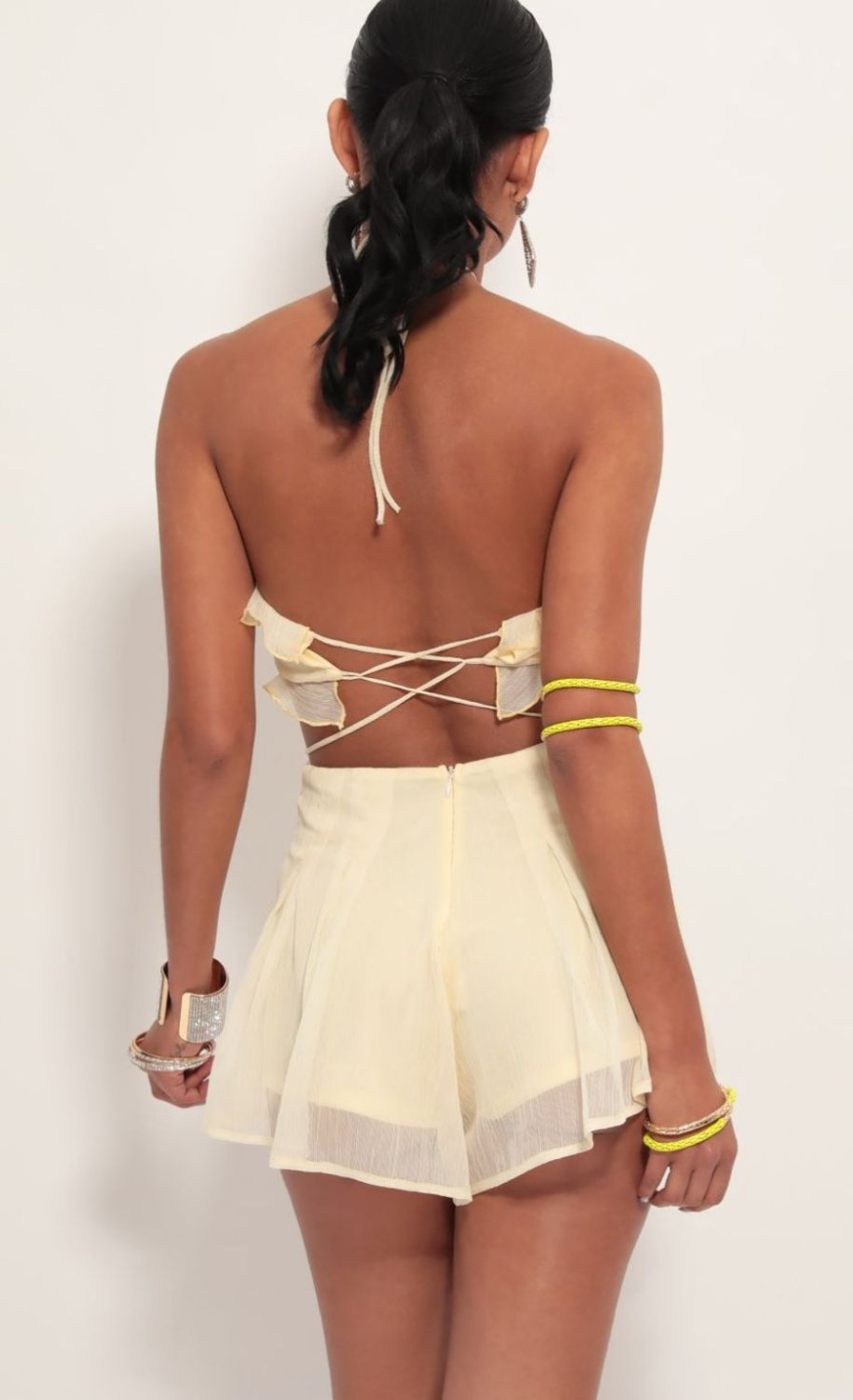 Clothing LUCY IN THE SKY | Dalia Cutout Halter Romper In Light Yellow | Lucy In The Sky