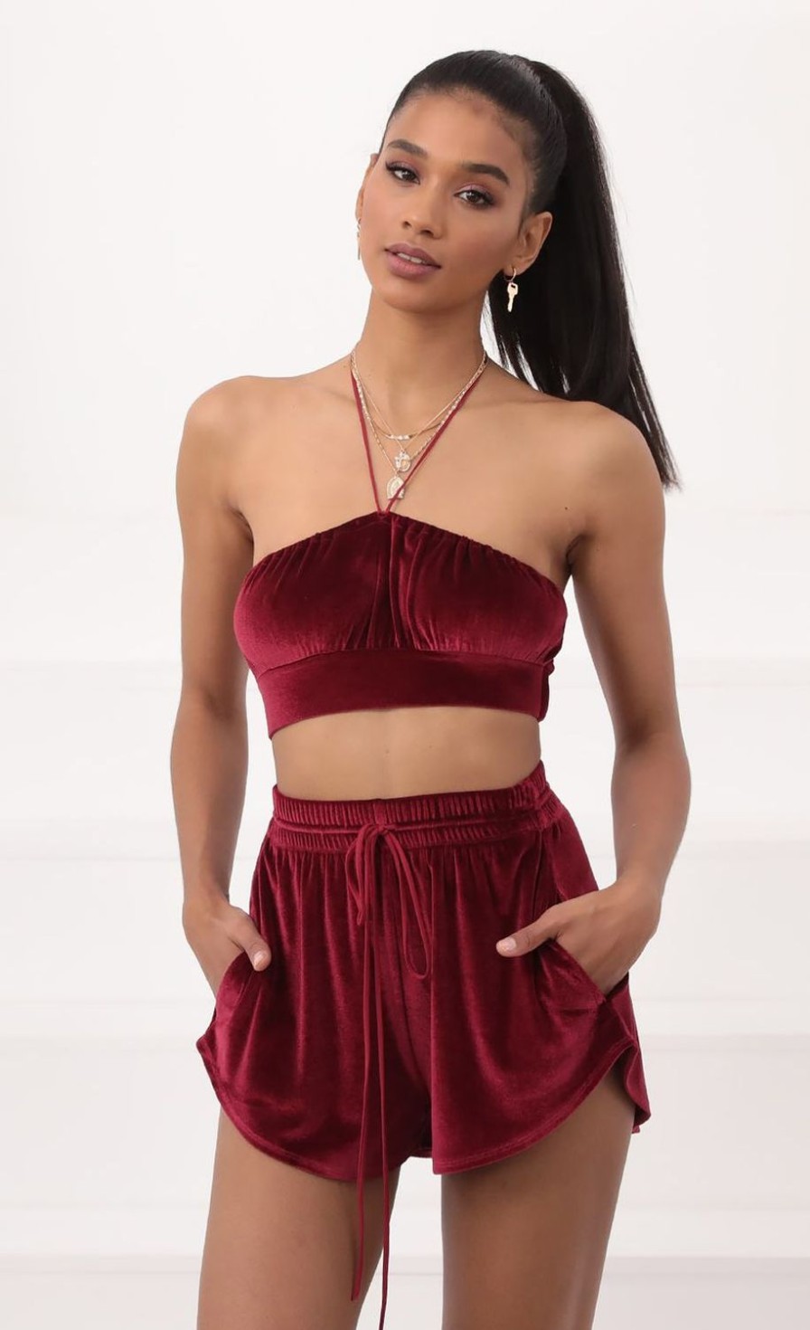 Clothing LUCY IN THE SKY | Velvet Halter Two Piece Set In Burgundy | Lucy In The Sky