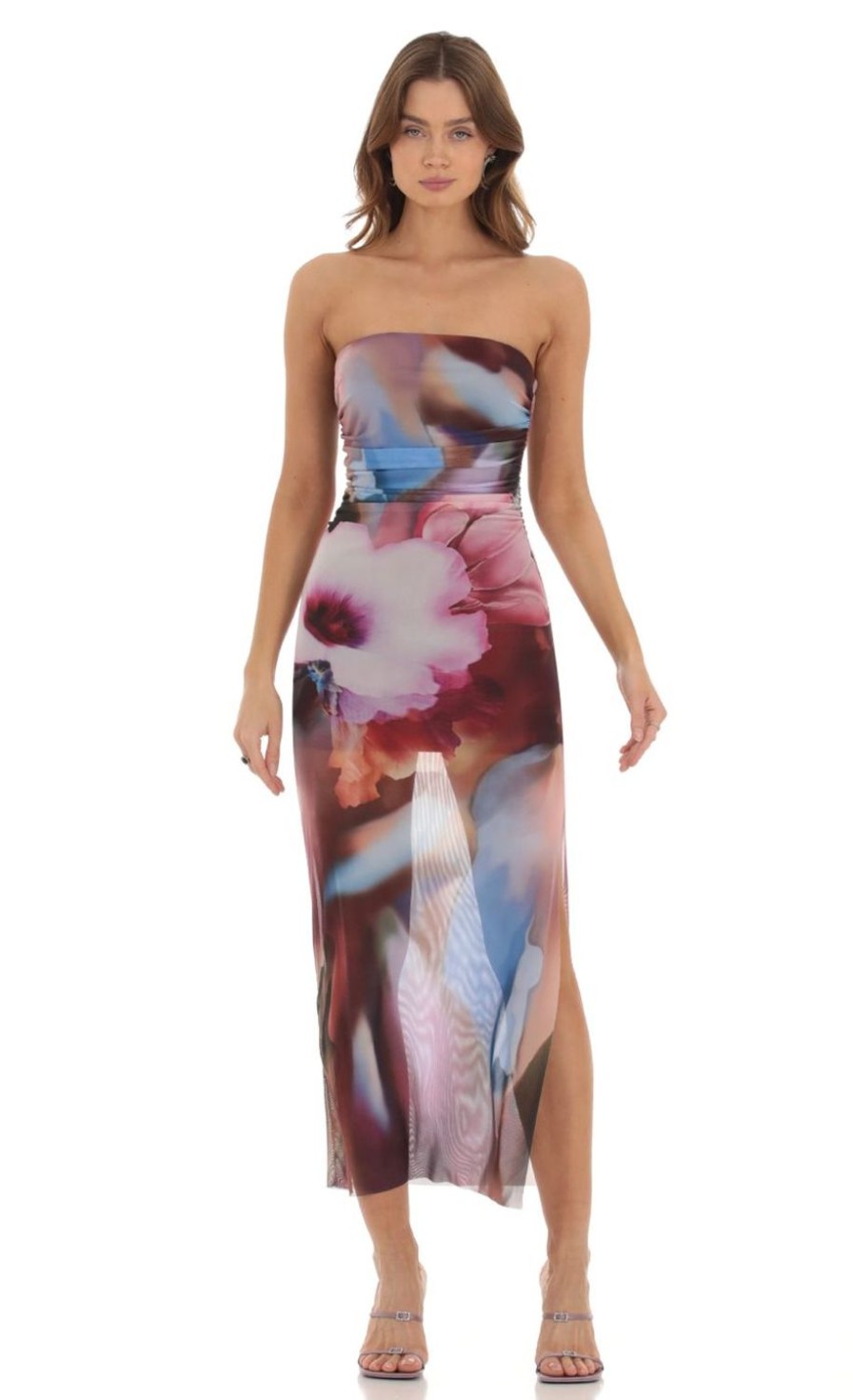 Clothing LUCY IN THE SKY | Raiden Ruched Mesh Maxi Dress In Floral Print | Lucy In The Sky