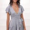 Clothing LUCY IN THE SKY | Eliza Wrap Dress In Silver Blue Satin | Lucy In The Sky