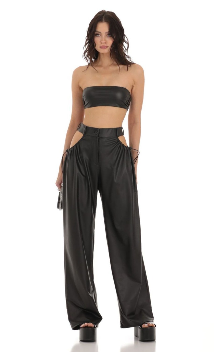 Clothing LUCY IN THE SKY | Lava Pleather Cutout Two Piece Set In Black | Lucy In The Sky