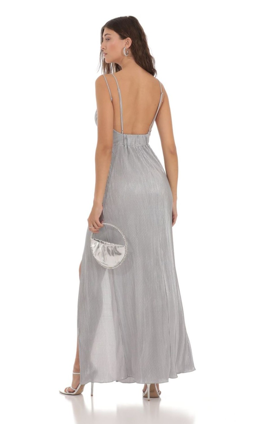 Clothing LUCY IN THE SKY | Twist Shimmer Pleated Dress In Silver | Lucy In The Sky