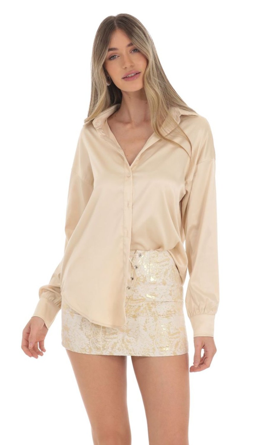 Clothing LUCY IN THE SKY | Satin Button Down Top In Champagne | Lucy In The Sky