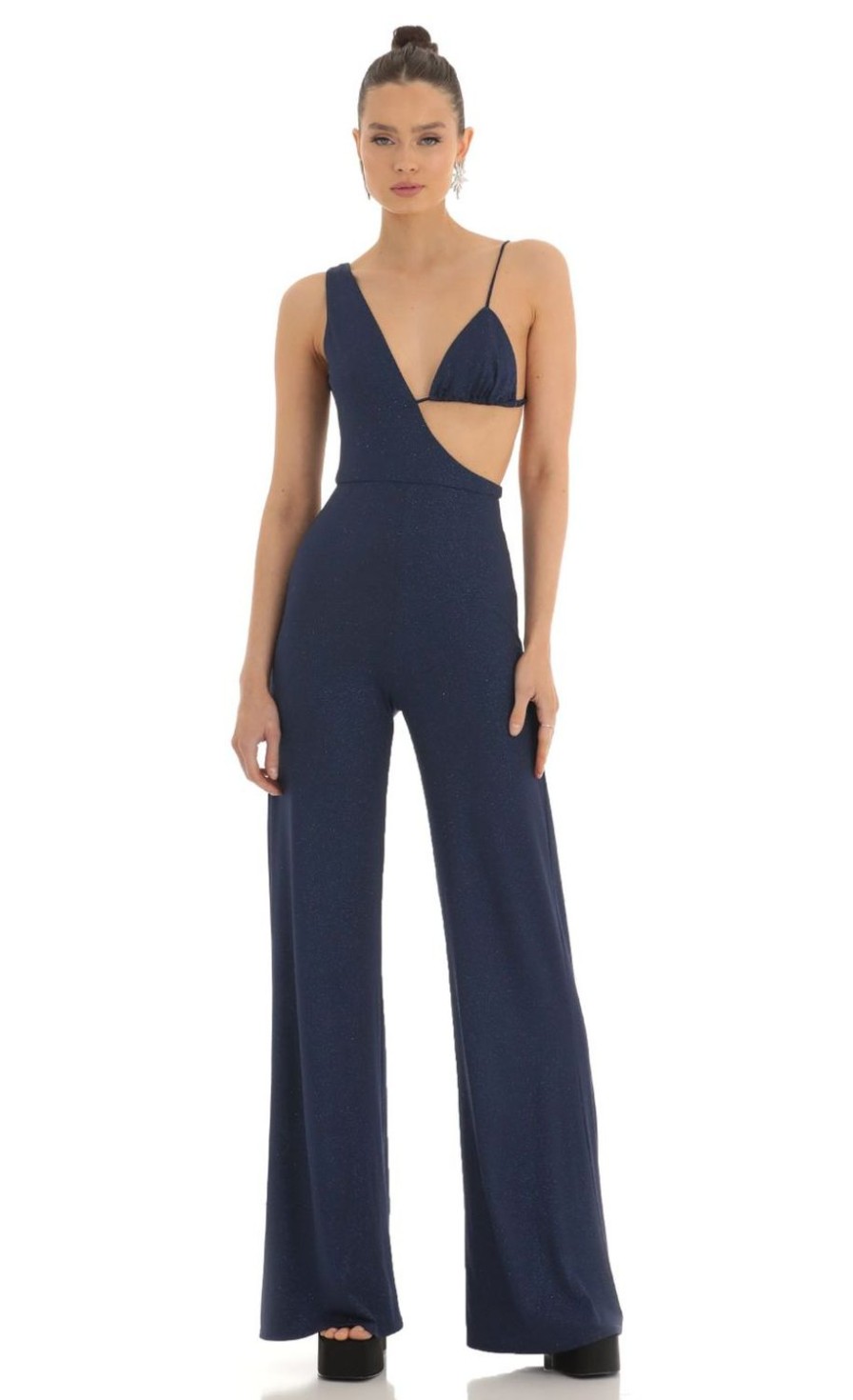 Clothing LUCY IN THE SKY | Late To The Party Glitter Bikini Jumpsuit In Navy | Lucy In The Sky