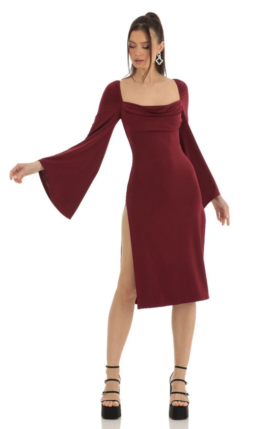 Clothing LUCY IN THE SKY | Jazlyn Flare Sleeve Midi Dress In Red | Lucy In The Sky