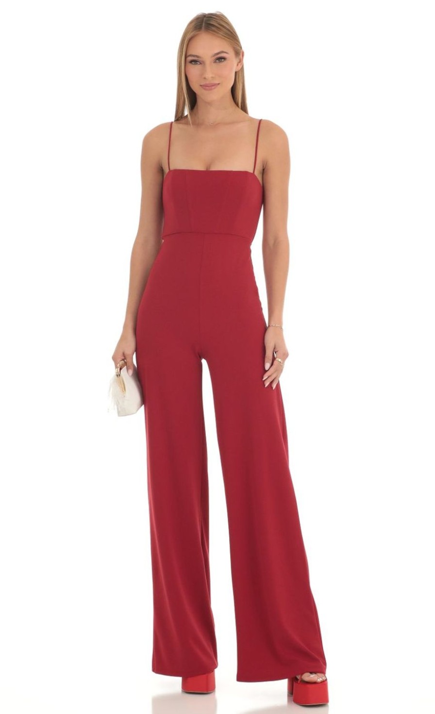 Clothing LUCY IN THE SKY | Jorden Wide Leg Corset Jumpsuit In Red | Lucy In The Sky