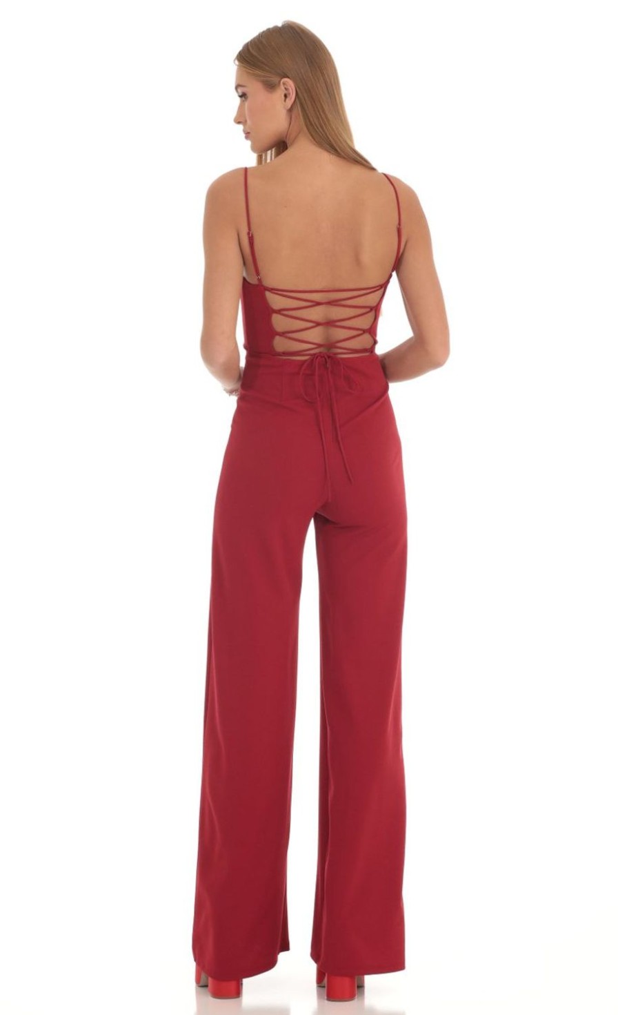 Clothing LUCY IN THE SKY | Jorden Wide Leg Corset Jumpsuit In Red | Lucy In The Sky