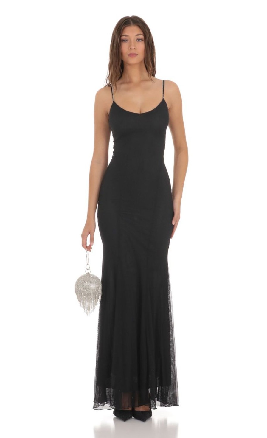 Clothing LUCY IN THE SKY | Rhinestone Open Back Shimmer Dress In Black | Lucy In The Sky