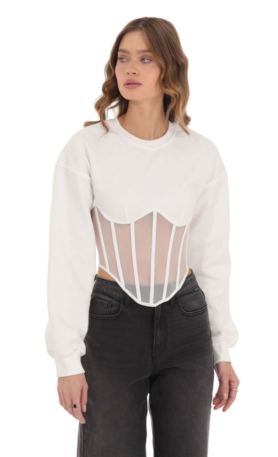 Clothing LUCY IN THE SKY | Mesh Corset Jumper In White | Lucy In The Sky