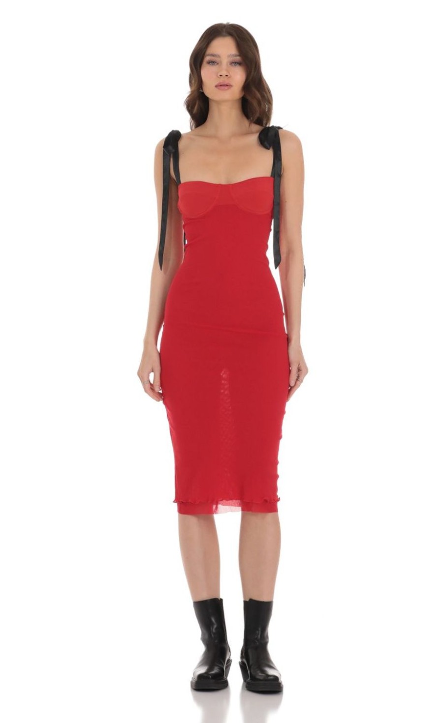 Clothing LUCY IN THE SKY | Mesh Black Shoulder Ties Midi Dress In Red | Lucy In The Sky