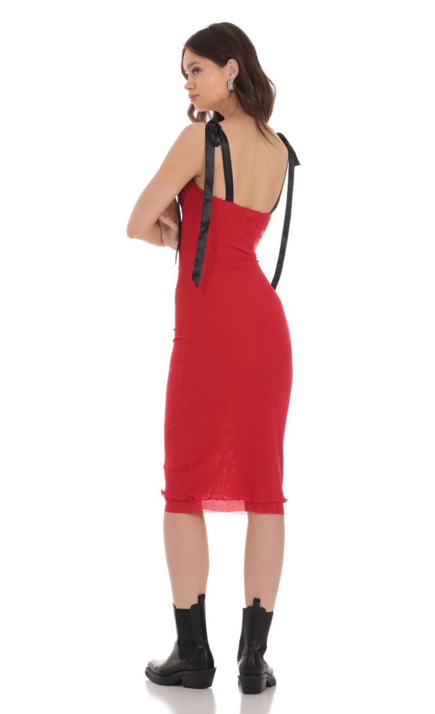 Clothing LUCY IN THE SKY | Mesh Black Shoulder Ties Midi Dress In Red | Lucy In The Sky