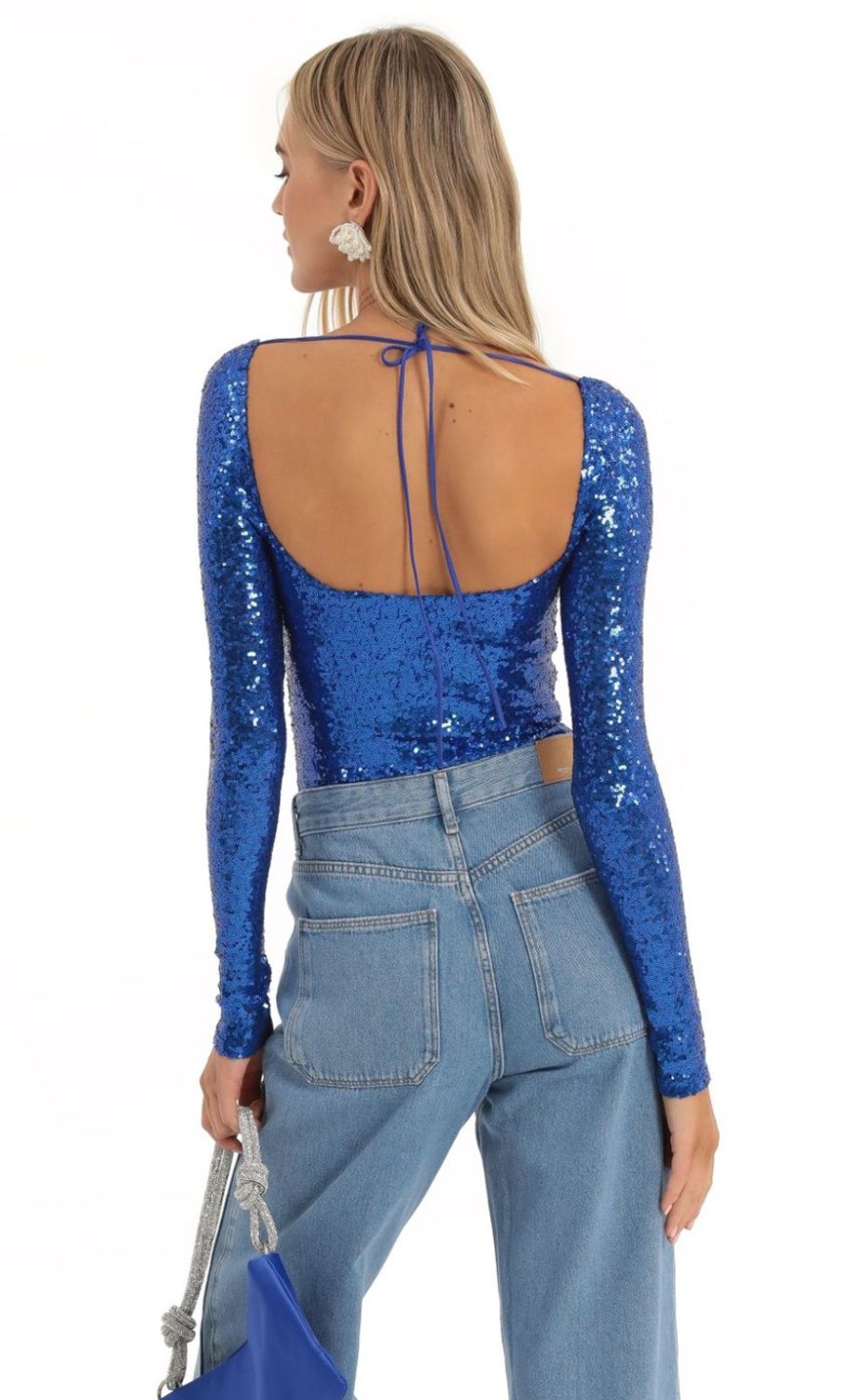 Clothing LUCY IN THE SKY | Aislin Sequin Long Sleeve Bodysuit In Blue | Lucy In The Sky