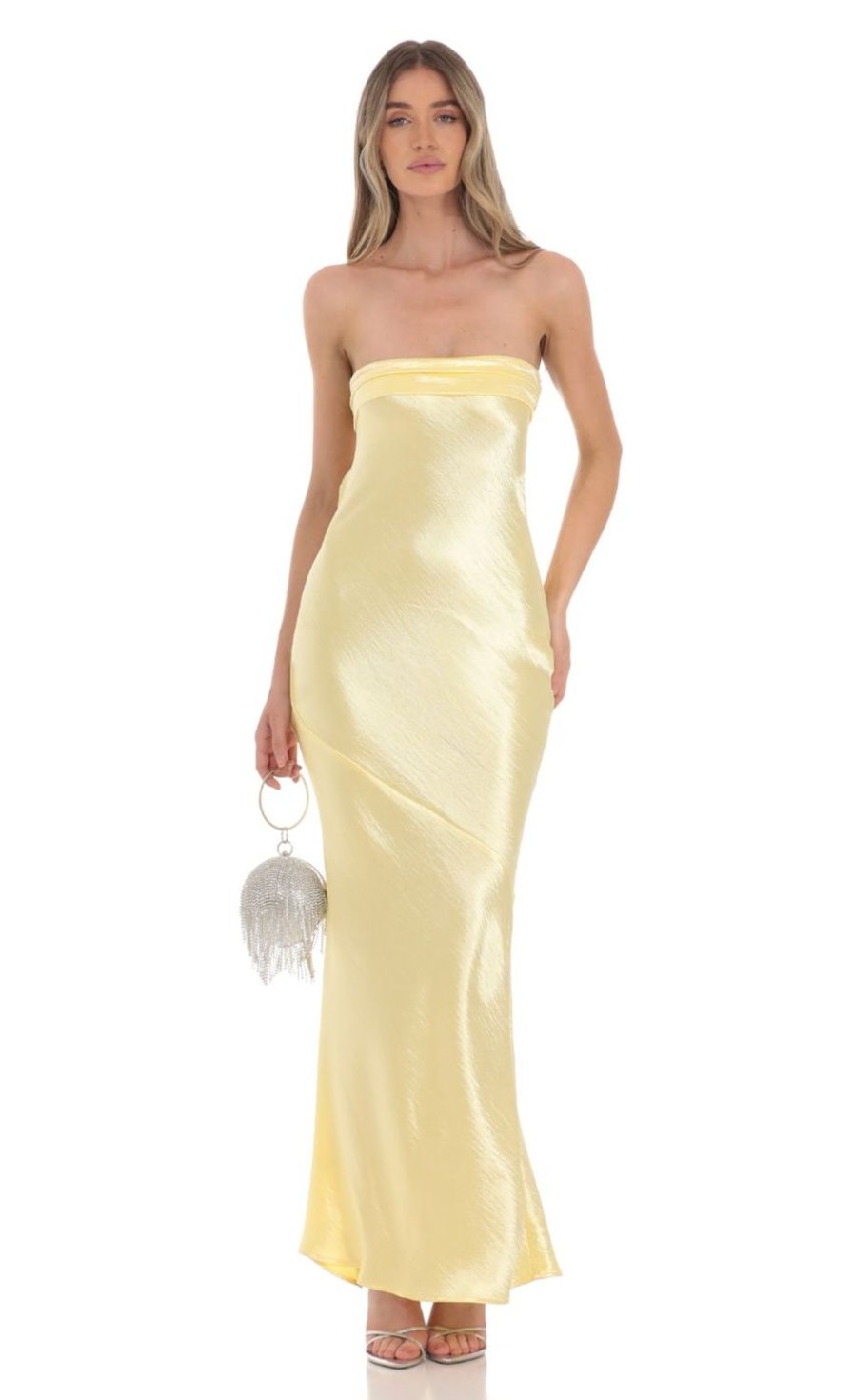 Clothing LUCY IN THE SKY | Strapless Satin Maxi Dress In Yellow | Lucy In The Sky