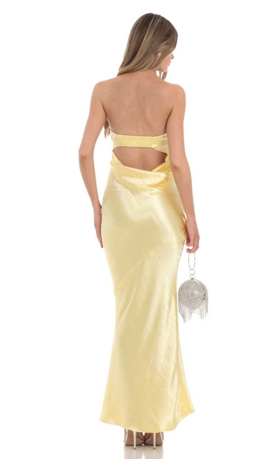 Clothing LUCY IN THE SKY | Strapless Satin Maxi Dress In Yellow | Lucy In The Sky