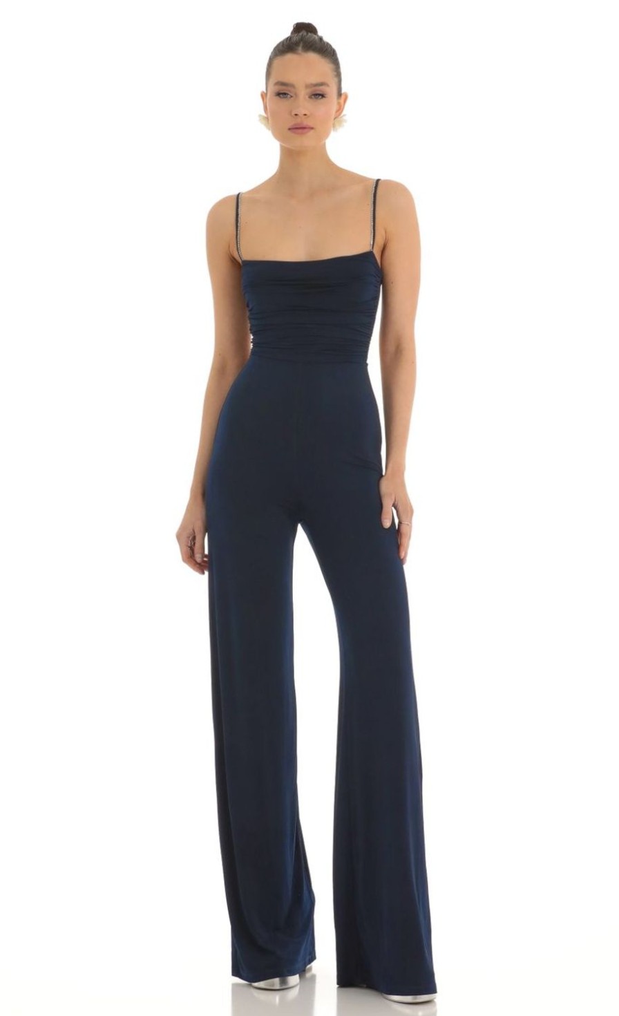 Clothing LUCY IN THE SKY | Zuzu Mesh Back Wide Leg Jumpsuit In Navy | Lucy In The Sky