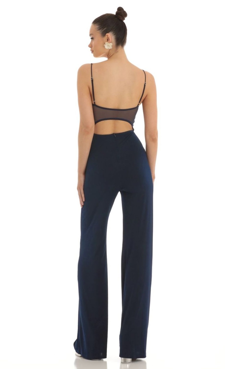 Clothing LUCY IN THE SKY | Zuzu Mesh Back Wide Leg Jumpsuit In Navy | Lucy In The Sky