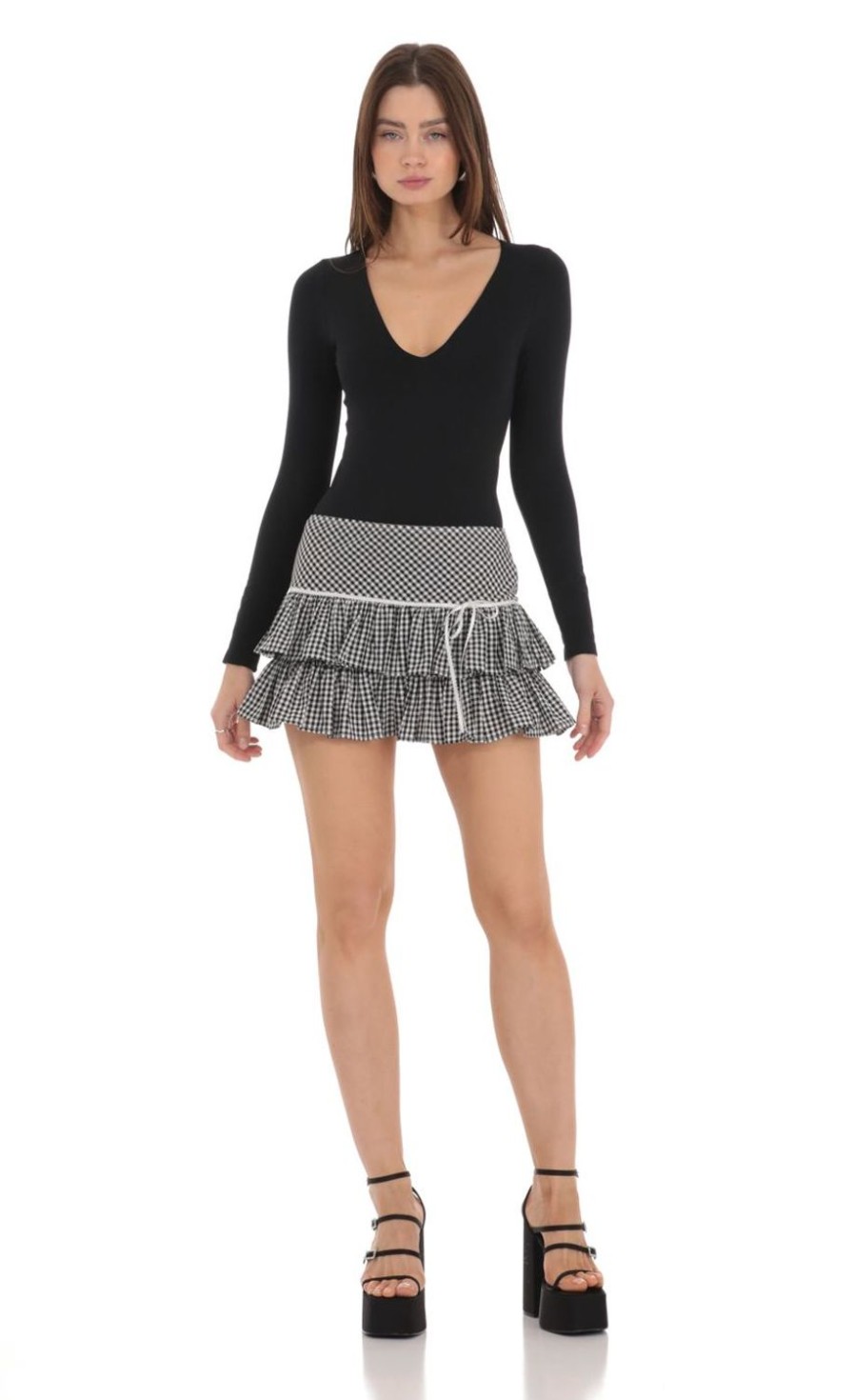 Clothing LUCY IN THE SKY | Gingham Ruffle Skirt In Black And White | Lucy In The Sky