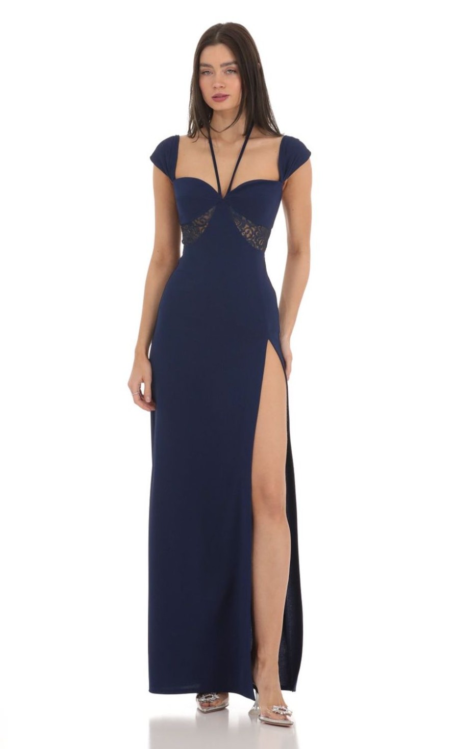 Clothing LUCY IN THE SKY | Halter Lace Cutout Maxi Dress In Navy | Lucy In The Sky