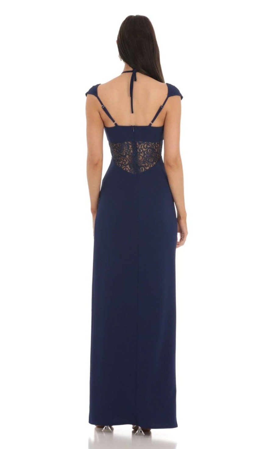 Clothing LUCY IN THE SKY | Halter Lace Cutout Maxi Dress In Navy | Lucy In The Sky