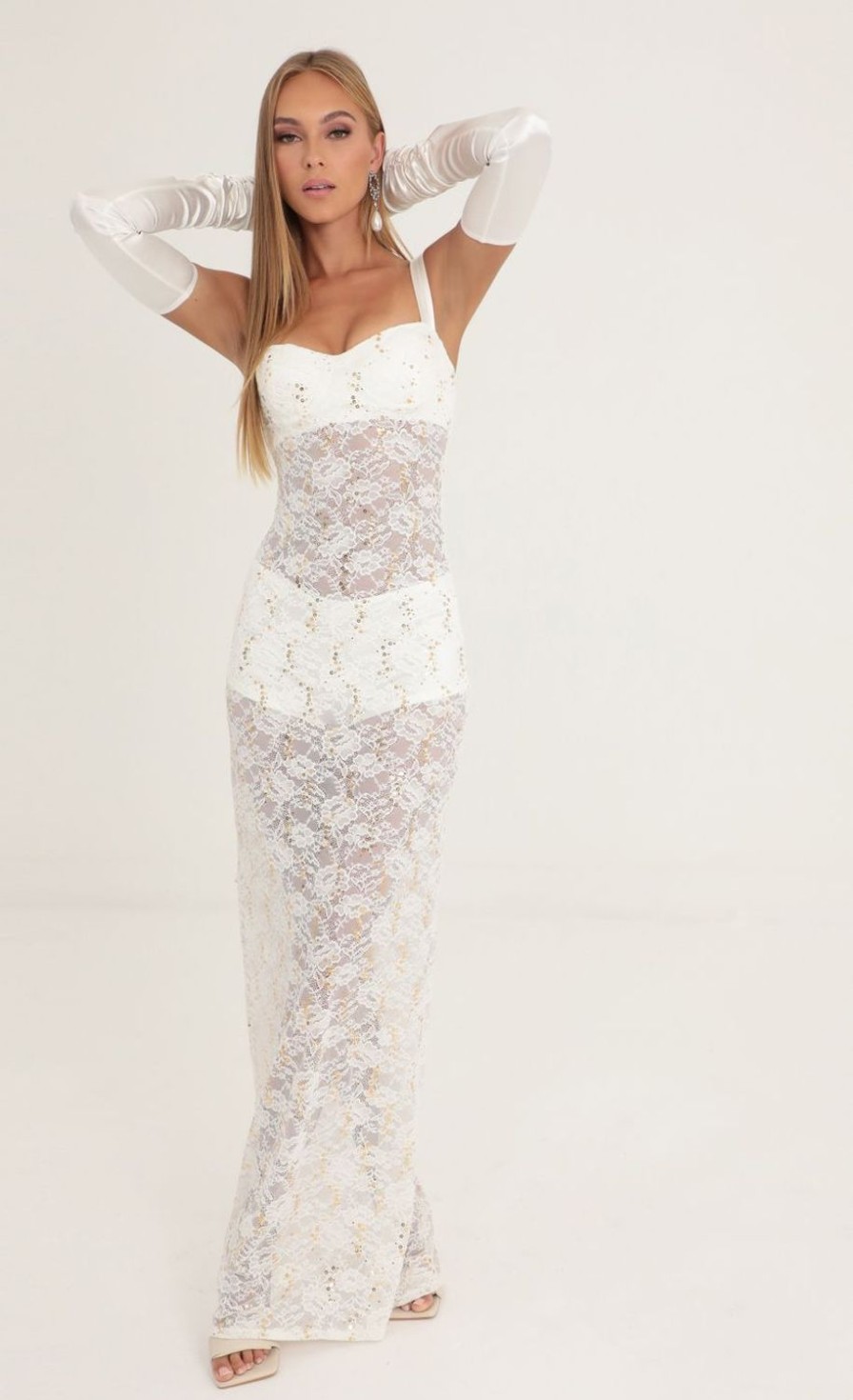 Clothing LUCY IN THE SKY | Lidiya Sequin Lace Maxi Three Piece Set In White | Lucy In The Sky