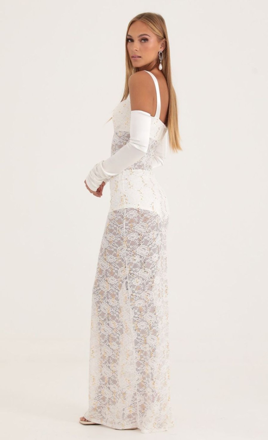 Clothing LUCY IN THE SKY | Lidiya Sequin Lace Maxi Three Piece Set In White | Lucy In The Sky