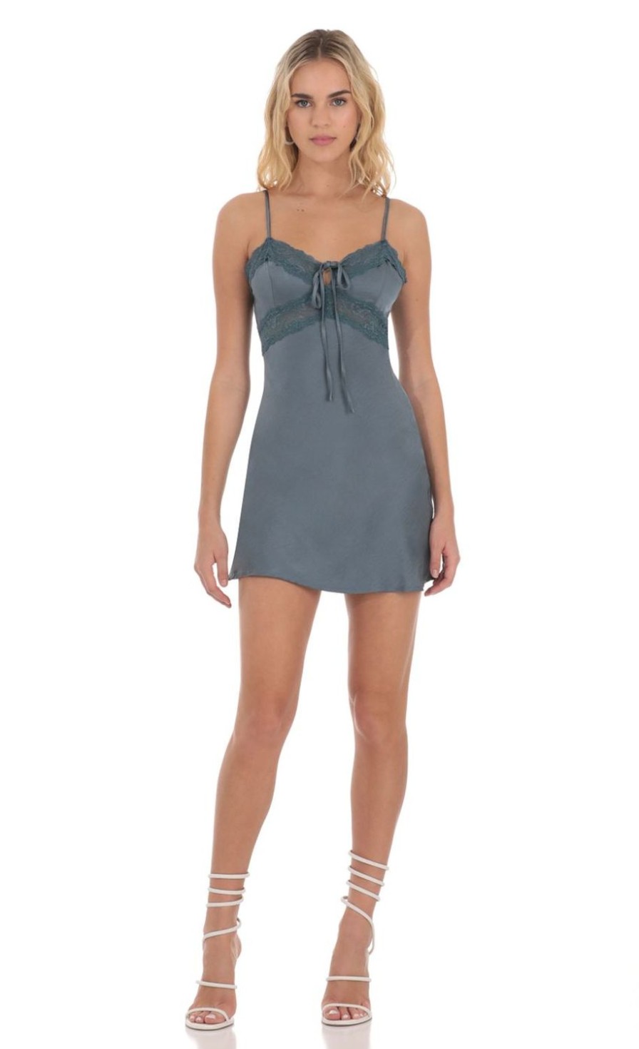 Clothing LUCY IN THE SKY | Lace Satin Front Tie Dress In Slate Blue | Lucy In The Sky