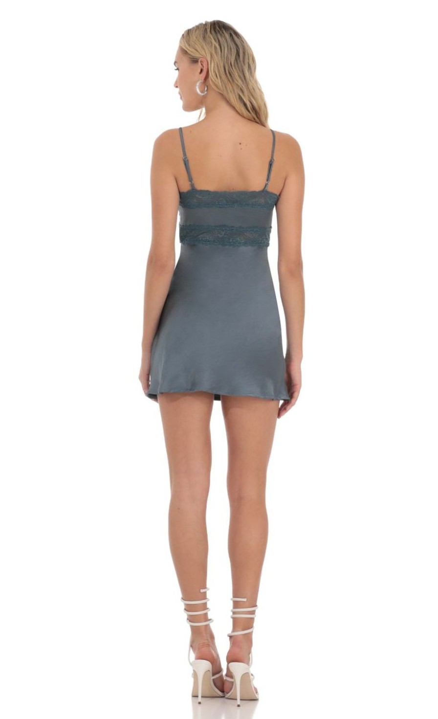 Clothing LUCY IN THE SKY | Lace Satin Front Tie Dress In Slate Blue | Lucy In The Sky