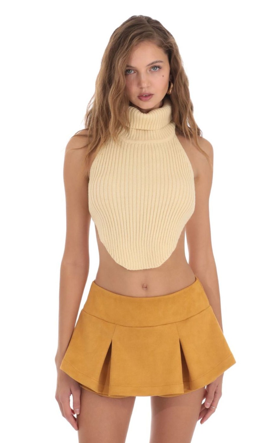 Clothing LUCY IN THE SKY | Turtleneck Knit Open Back Top In Cream | Lucy In The Sky